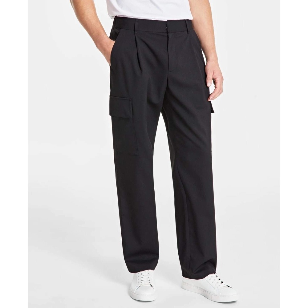 Alfani Mens Stretch Cargo Pants Deep Black 32W 32L Straight‎ Leg Pleated NEW